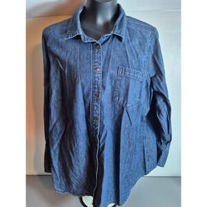 Land's End Womens Plus Size Denim Shirt 20W Blue Dark Wash